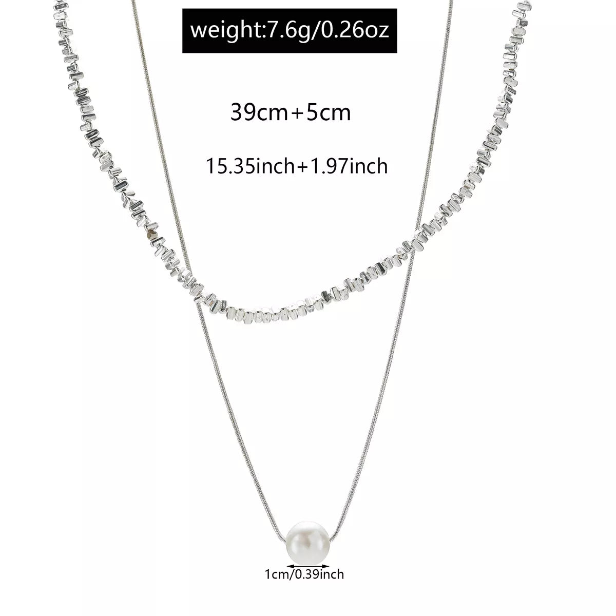 Silver double layered necklace with pearl accent and textured chain detail