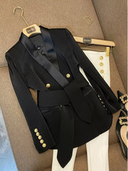 Black double-breasted tailored blazer with satin lapels, gold buttons, and a matching belt.