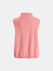 Teddy fleece stand-collar vest in watermelon pink, sleeveless with elastic hem.