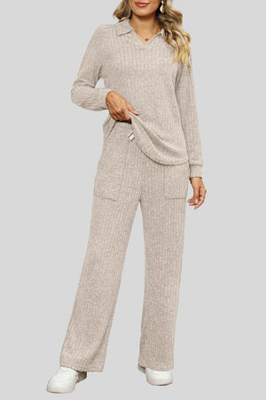 Tan ribbed knit lounge set with collar, long sleeves, and wide leg pants with pockets.