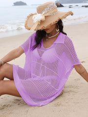 Lavender open-knit polo beach dress with short sleeves and a V-neck.
