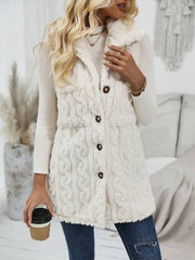 Beige textured sherpa button-down vest with cable knit pattern and collar.
