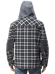 Men's grey plaid flannel hooded jacket with suede elbow patches.