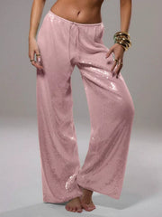 Drawstring wide leg sequin pants in dusty pink with a comfortable cotton blend.