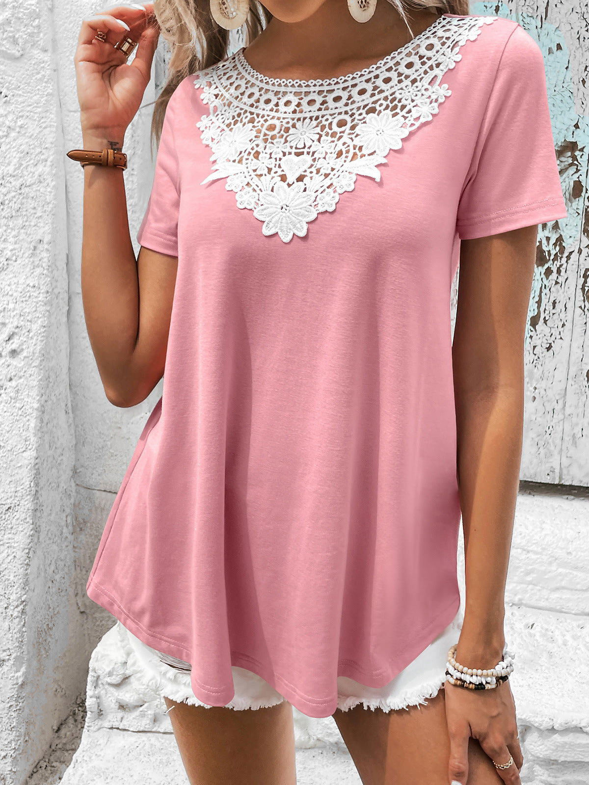 Green floral lace yoke t-shirt with short sleeves.