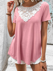 Green floral lace yoke t-shirt with short sleeves.