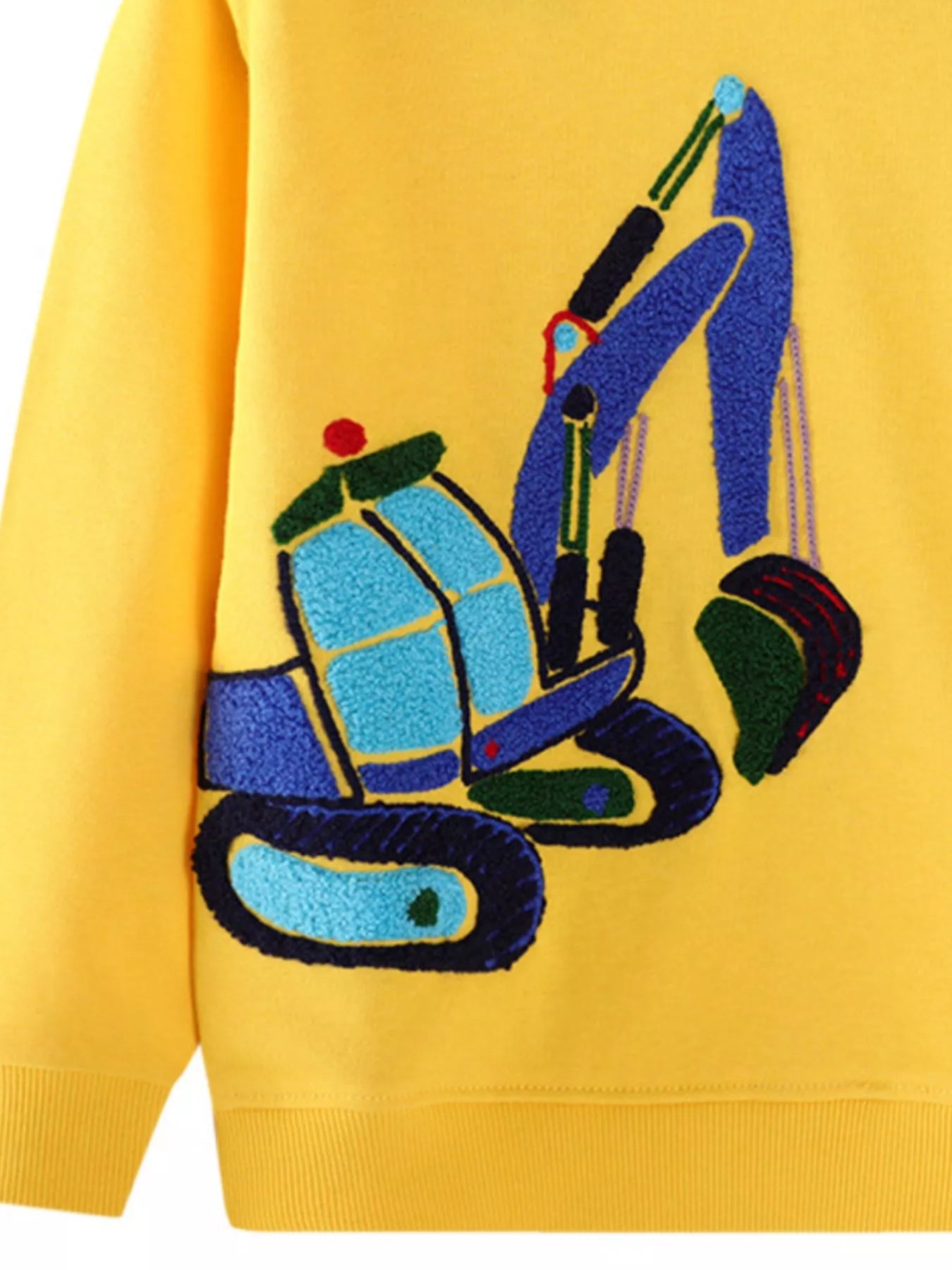 Yellow cotton blend sweatshirt with embroidered blue and green excavator detail.