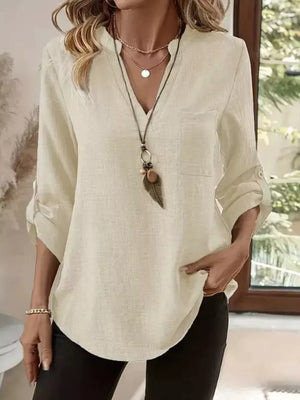 Casual V-neck Roll-sleeve T-shirt With Pocket in Khaki, product detail