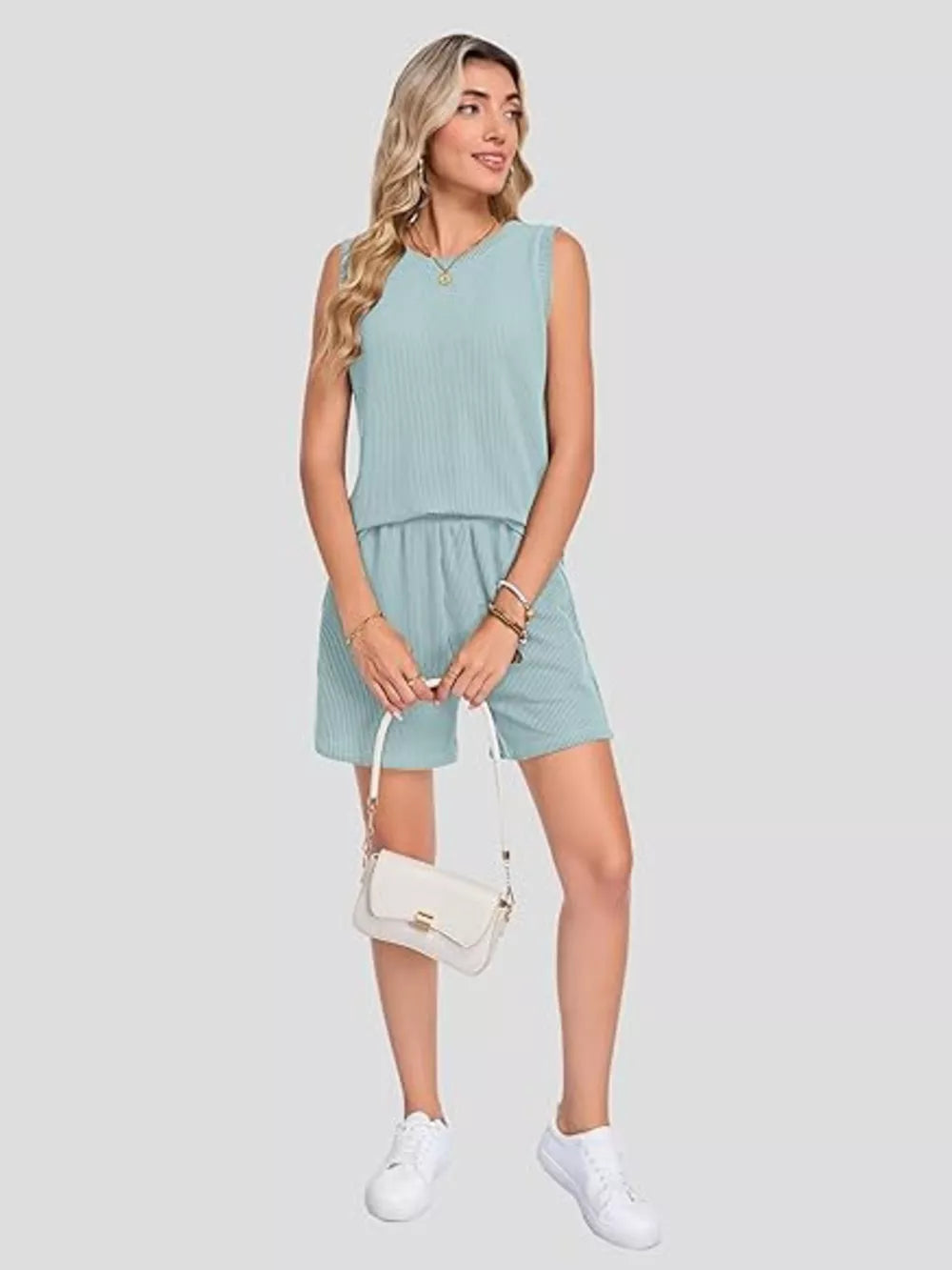 Air Force Blue ribbed knit set with sleeveless top and shorts, featuring pockets.
