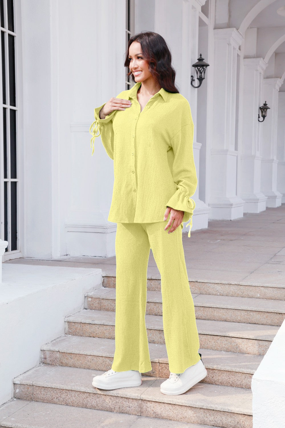 Light Yellow Textured Tie-Sleeve Co-ord Set with button-up shirt and wide-leg pants.