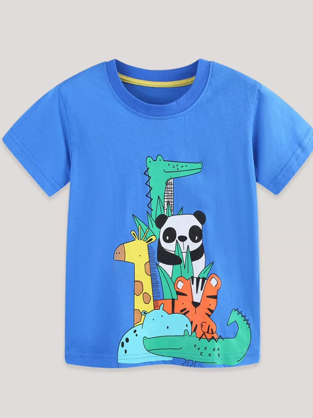 Blue cotton t-shirt with a whimsical jungle animal graphic featuring a giraffe, panda, tiger, and alligator.