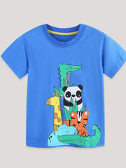 Blue cotton t-shirt with a whimsical jungle animal graphic featuring a giraffe, panda, tiger, and alligator.