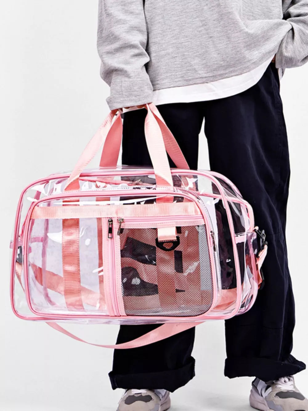 Chic Transparent Duffle With Pink Trim