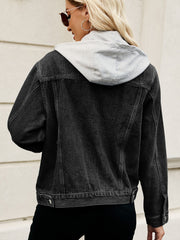 Black denim jacket with contrast grey hood, button front, and classic collar.