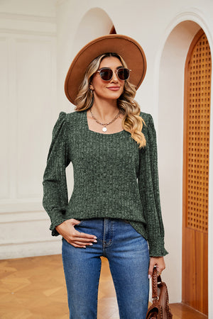Textured knit blouse in Matcha Green with square neckline and cuffed puff sleeves