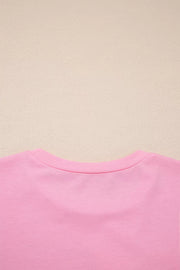 Solid Color Raw Edge Bow Patch Loose T Shirt in Pink, fabric detail