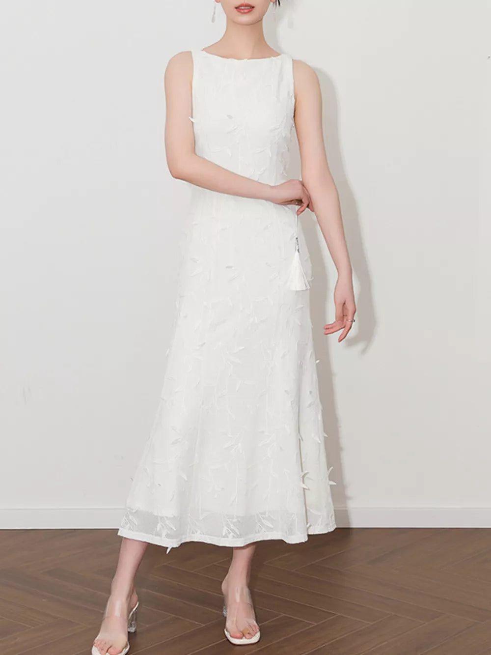 White floral applique midi dress with boat neck and tassel detail
