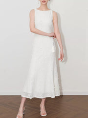 White floral applique midi dress with boat neck and tassel detail