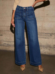 Sailor-inspired wide leg jeans in medium wash denim with patch pockets.