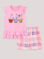 Pink cotton ruffle top with bunny train graphic and plaid shorts set for girls.