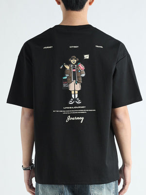 Black cotton t-shirt with graphic print of a traveler and text "LIFEISAJOURNEY Journey