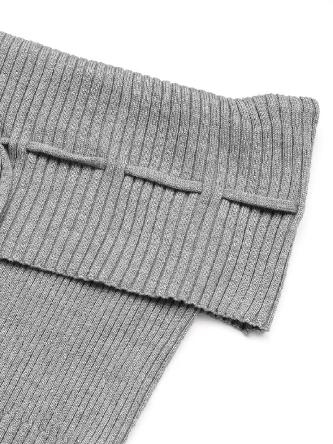 Gray ribbed knit off-shoulder blouse with bow detail and button accents