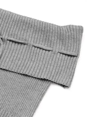 Gray ribbed knit off-shoulder blouse with bow detail and button accents