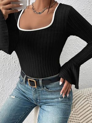 Black ribbed flare sleeve top with contrast trim neckline