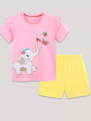 Baby girl's pink cotton t-shirt with elephant and butterfly embroidery, and yellow shorts.