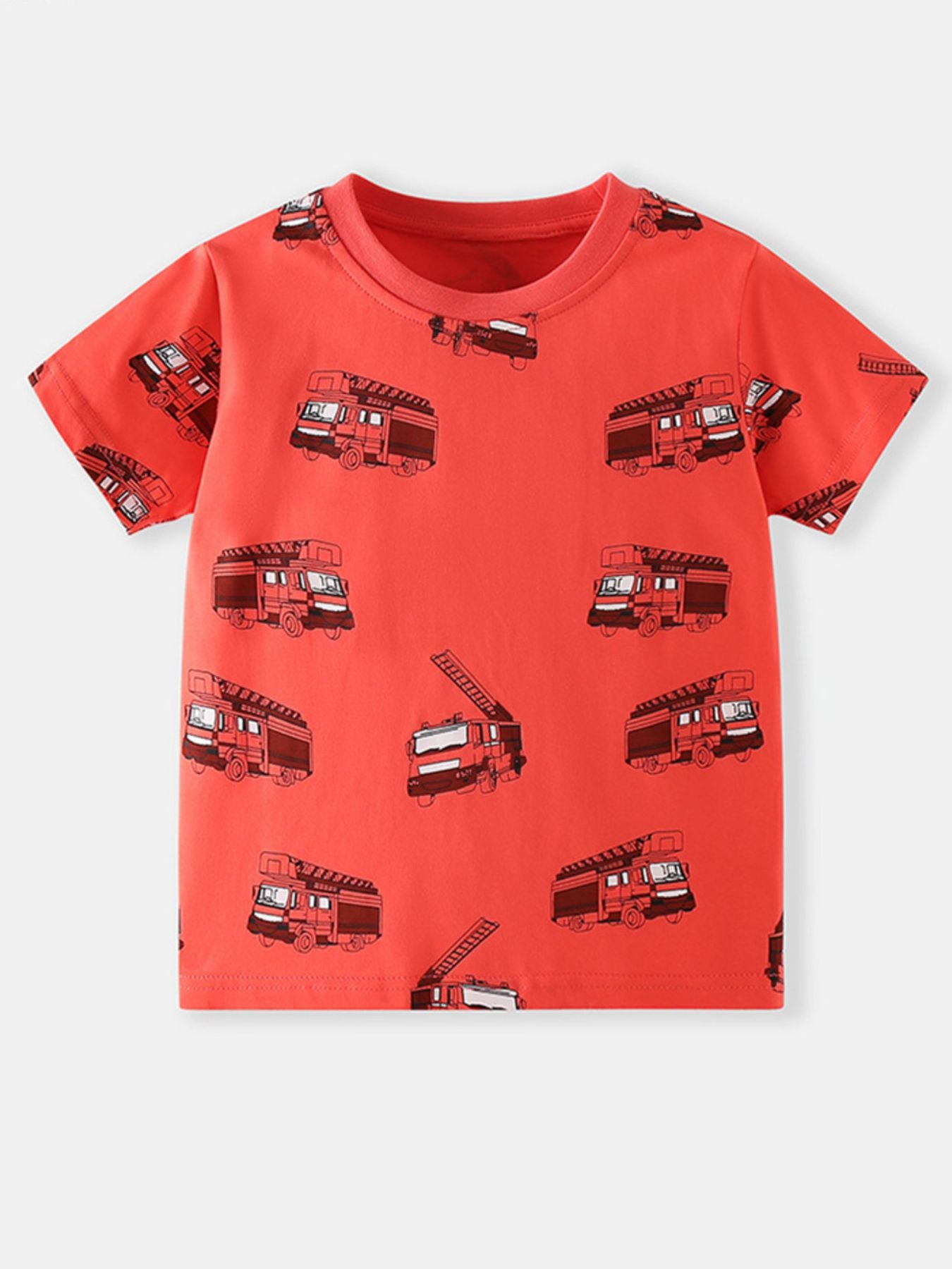 Toddler red cotton t-shirt with all-over fire truck print.
