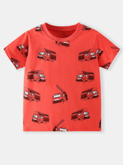 Toddler red cotton t-shirt with all-over fire truck print.