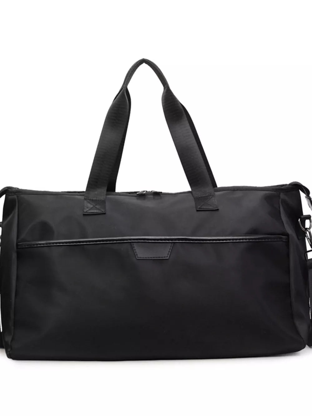 Black Oxford cloth travel duffle bag with top handles and front pocket detail.