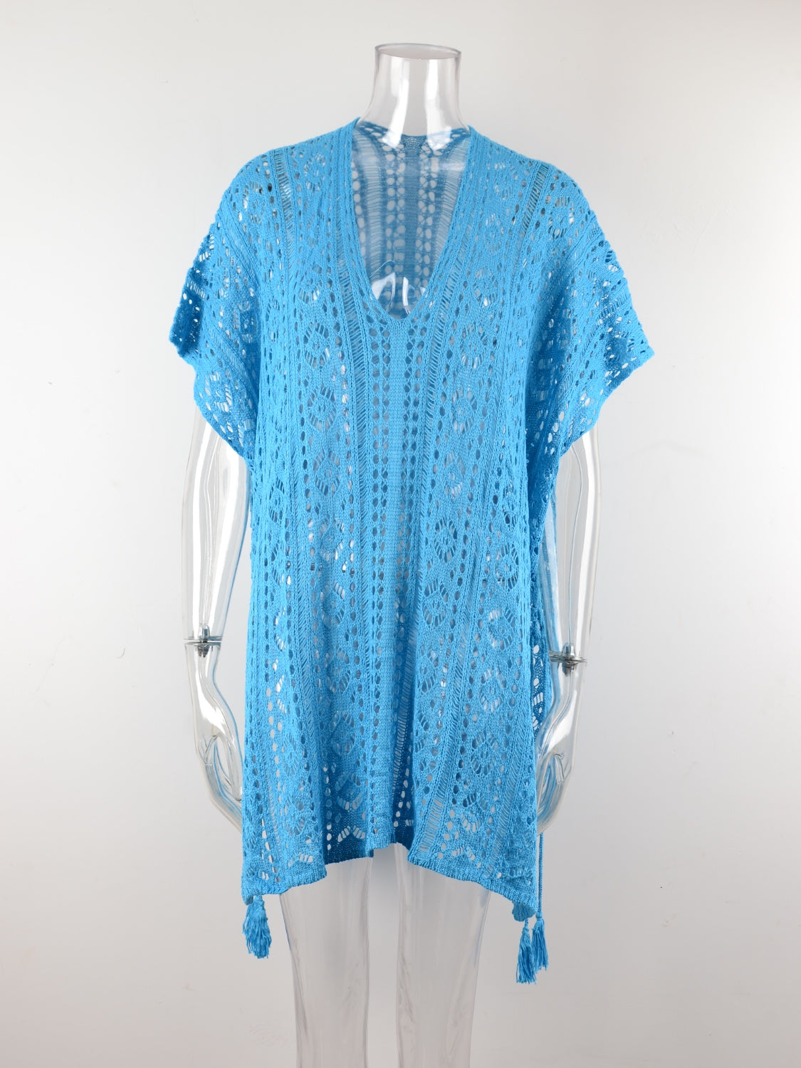 Light blue open-knit V-neck beach cover-up with short sleeves and tassel hem