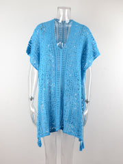 Light blue open-knit V-neck beach cover-up with short sleeves and tassel hem