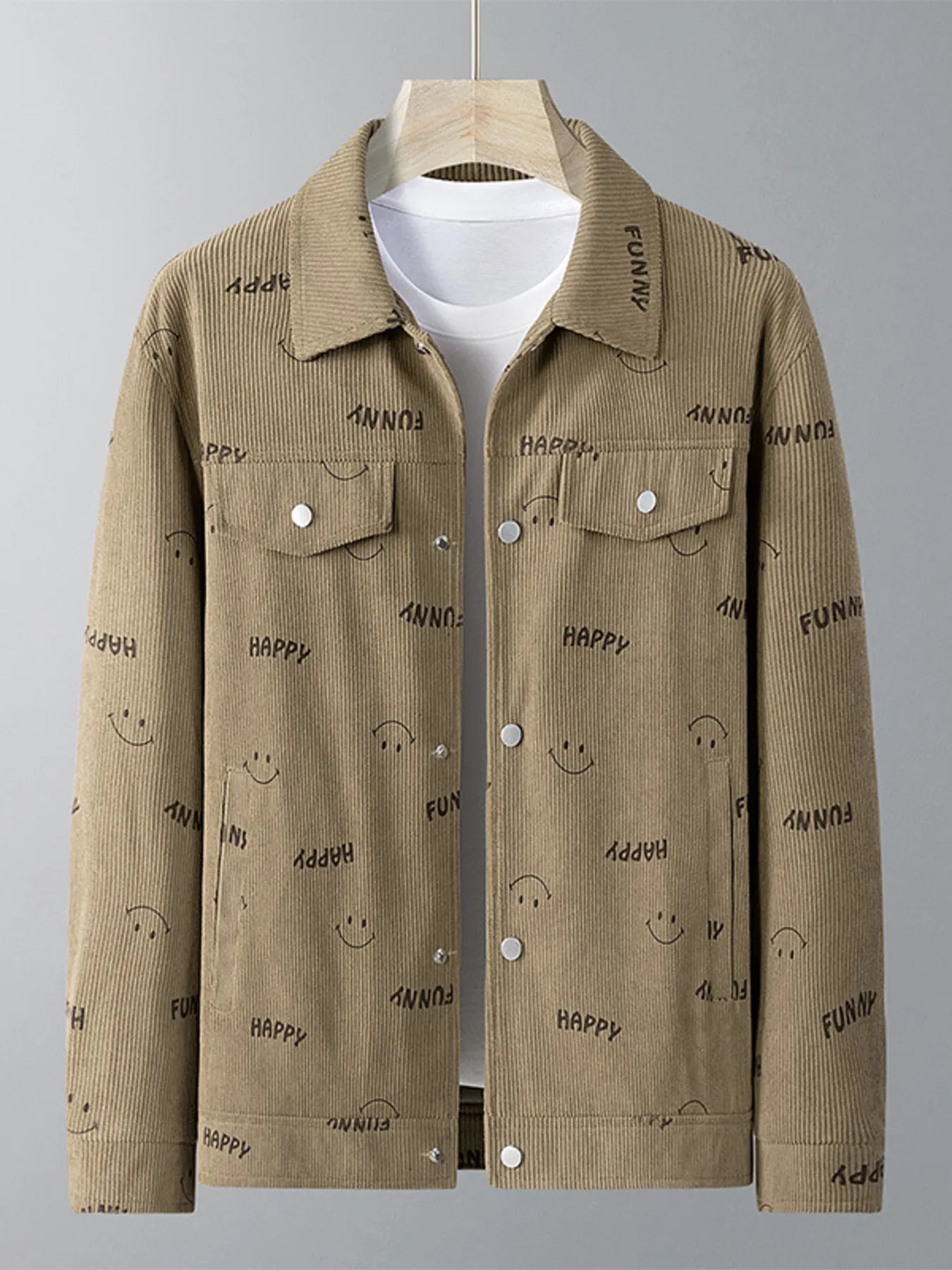 Light Khaki corduroy jacket with all-over smiley face and word print.