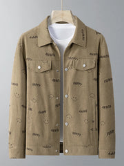 Light Khaki corduroy jacket with all-over smiley face and word print.
