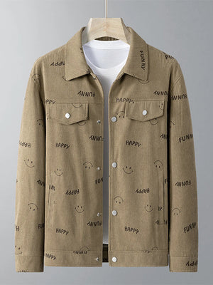 Light Khaki corduroy jacket with all-over smiley face and word print.