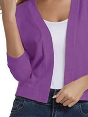 Cropped elbow-sleeve open-front knit cardigan in Dusty Purple.