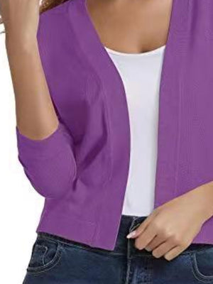 Cropped elbow-sleeve open-front knit cardigan in Dusty Purple.