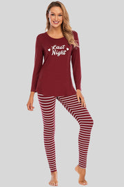 Wine long sleeve lounge set with "Last Night" graphic and striped pants