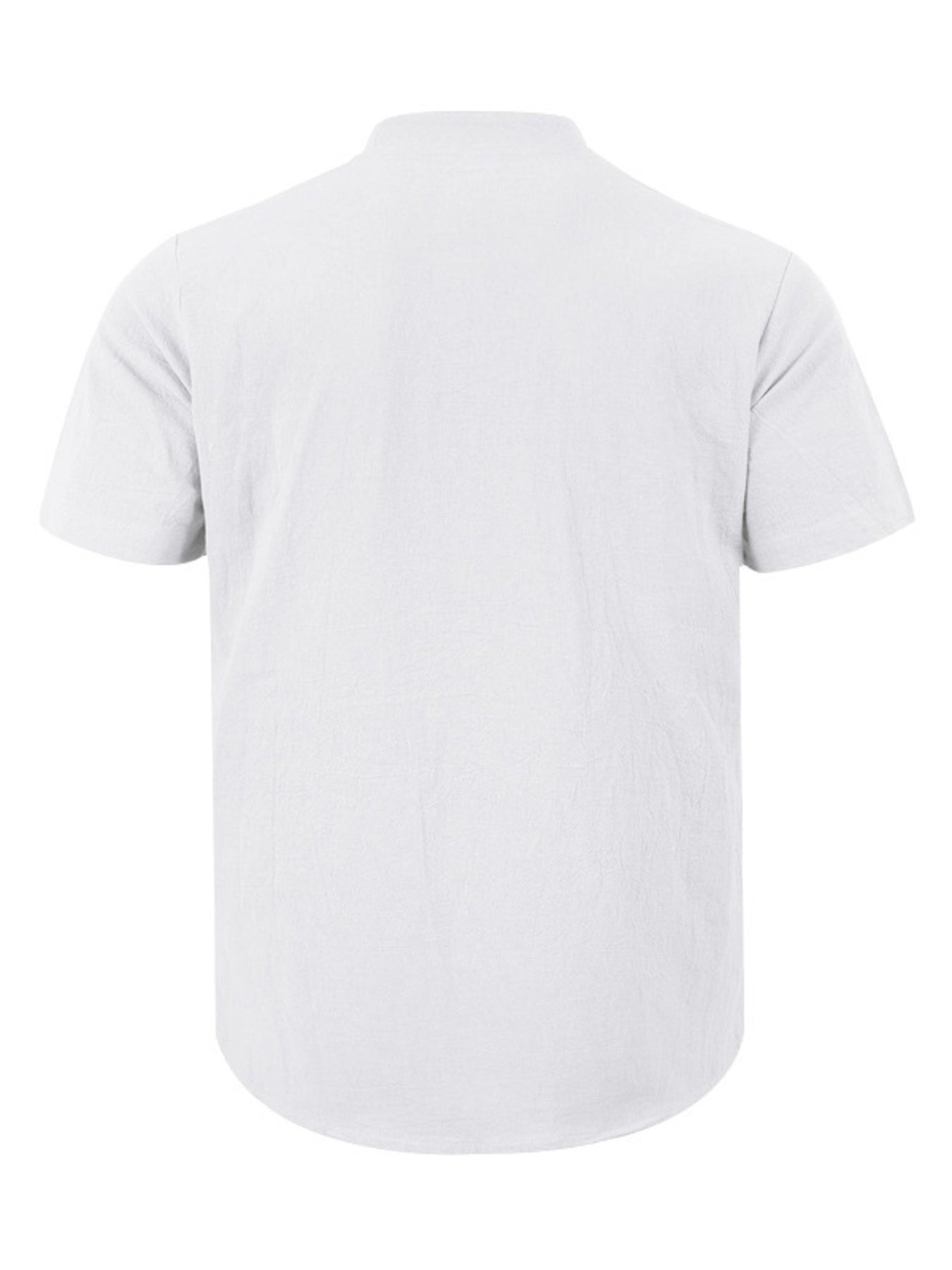White short sleeve henley shirt with band collar and textured cotton fabric.