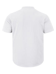 White short sleeve henley shirt with band collar and textured cotton fabric.