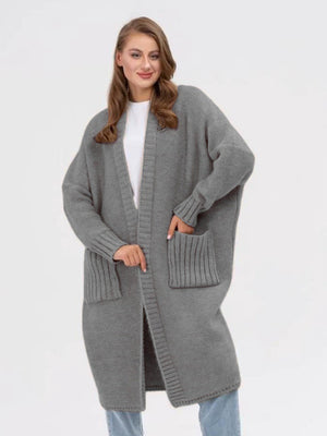 Oversized gray acrylic knit cocoon cardigan with pockets and ribbed cuffs