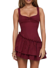 Burgundy ruched ruffled mini dress with square neckline and tiered skirt