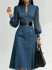 Denim midi dress with sheer puff sleeves, V-neck, and flared skirt.