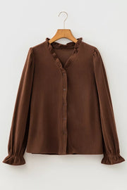 Solid Color Ruffle Trim V Neck Corduroy Jacket, back view