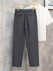 Men's dark gray straight-leg pants with elastic waistband and back pockets.