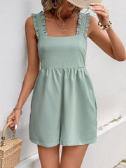 Light green ruffled strap romper with square neckline and elastic waist