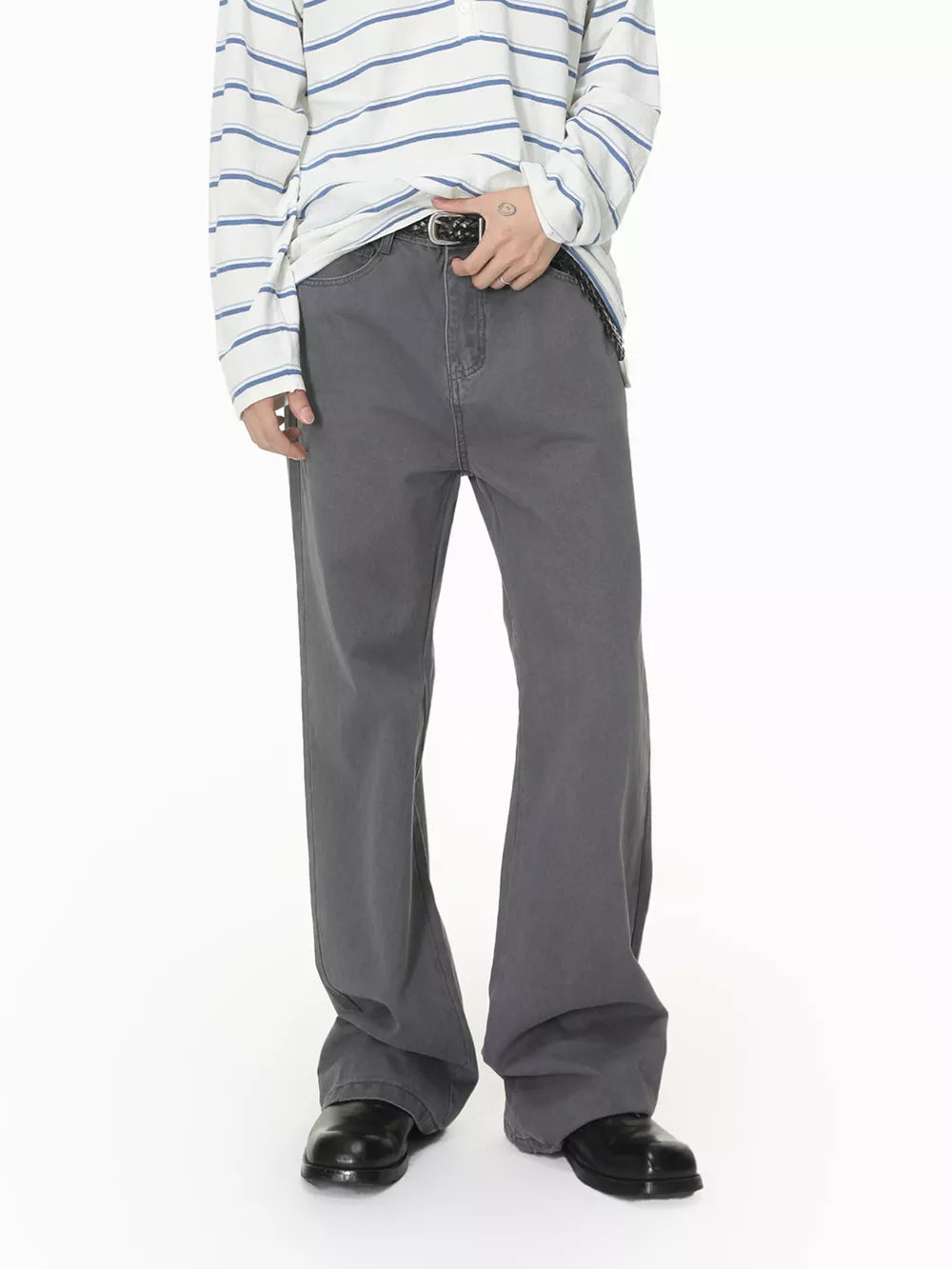 Men's relaxed fit grey cotton jeans with a buttoned fly and flared leg