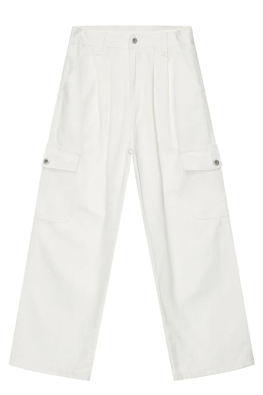 White 100% cotton pleated cargo pants with wide leg cut and button flap pockets.
